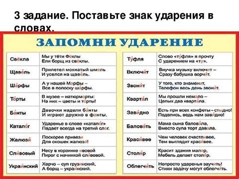 Примеры ударения в словах